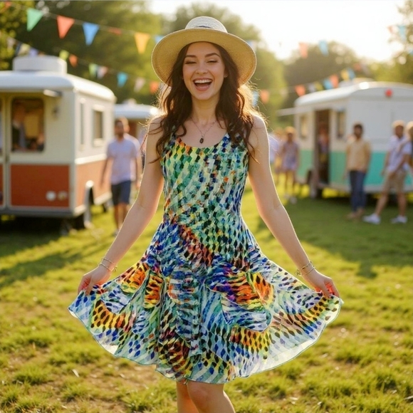 Signature by Robbie Bee Geometric Midi Dress | Sleeveless Fairy Ruffle Hem 8P - Picture 1 of 16